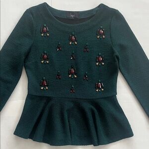 Anthropologie Woman’s medium Forest Green Blouse peplum top anthro shirt beaded